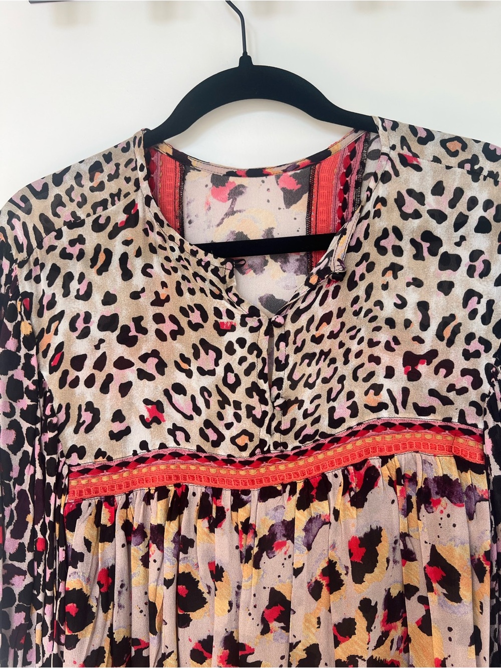 Anthropologie Leopard-Print Peasant Blouse in Beige, Pink and Red